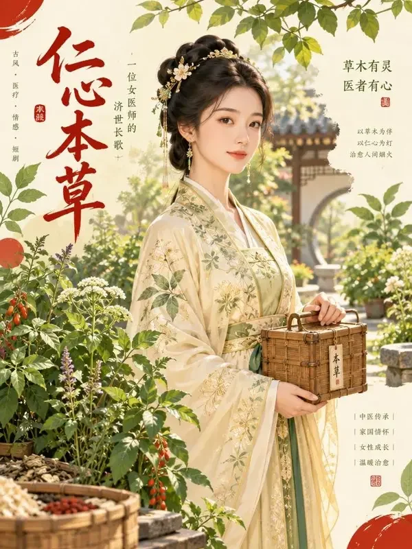 红果漫剧《天才医妃》封面海报，古院中执药的医女