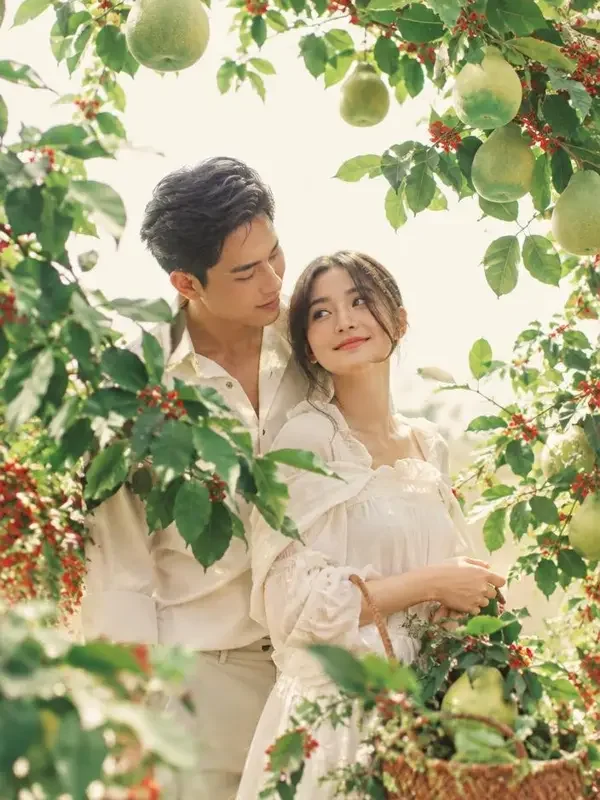 红果漫剧《蜜柚时光》封面海报，男女主角在阳光果园中分享柚子