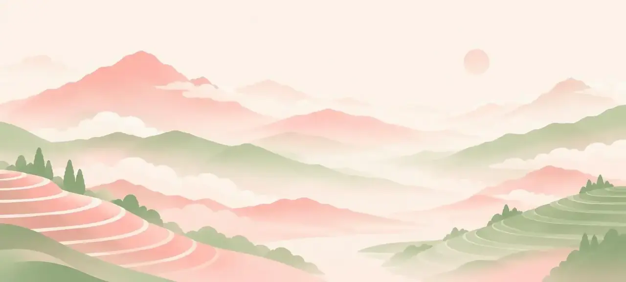 红果漫剧首页轮播图，云雾山间梯田的抽象插画