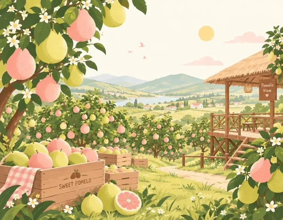 红果漫剧品牌故事插画，阳光下的柚子园与观剧小屋